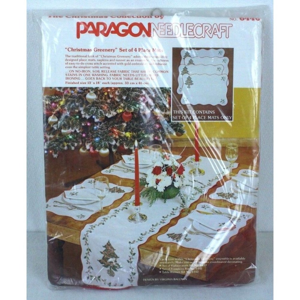 VTG Paragon Needlecraft Christmas Greenery Place Mats 6440 Cross Stitch Kit 1978
